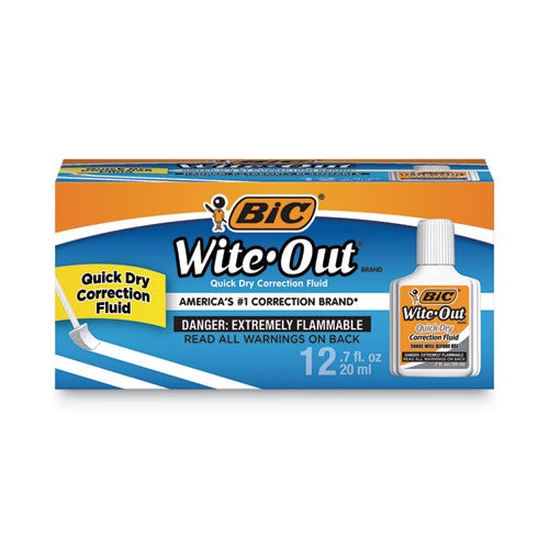 Image of BIC® WOFQD12 WHI Wite-Out Quick Dry Correction Fluid Value Pack, Foam Brush Tip Applicator, 0.68 oz Bottle, White, Dozen