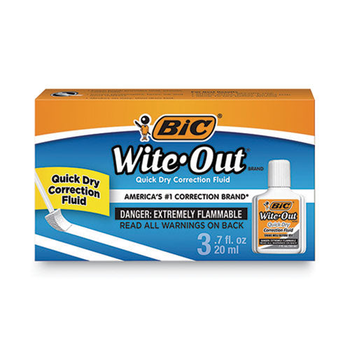 Image of BIC® WOFQD324 Wite-Out Quick Dry Correction Fluid, Foam Brush Tip Applicator, 0.68 oz Bottle, White, 3/Pack