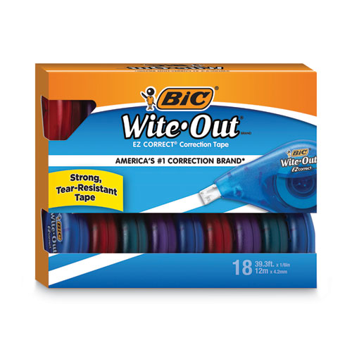 Image of BIC® WOTAP18 Wite-Out Brand EZ Correct Correction Tape Value Pack, Non-Refillable, 0.17" x 39.33 ft, Randomly Assorted Colors, 18/Pack