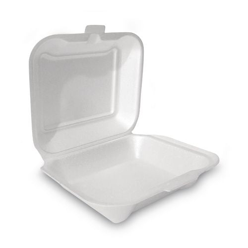 Image of Plastifar Foam Hinged Lid Container, Secure One Tab Latch, Poly Bag, 7.81 X 8.75 X 3.38, White, 100/sleeve, 2 Sleeves/bag, 1 Bag/pack