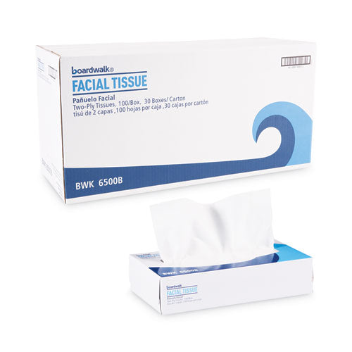 Image of Boardwalk® BWK6500B Office Packs Facial Tissue, Flat Box, 2-Ply, White, 100 Sheets/Box, 30 Boxes/Carton