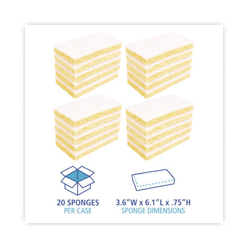 Image of Boardwalk® 63BWK LD Light-Duty Scrubbing Sponge, Individually Wrapped, 3.6 x 6.1, 0.7" Thick, Yellow/White, 20/Carton
