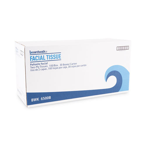 Image of Boardwalk® BWK6500B Office Packs Facial Tissue, Flat Box, 2-Ply, White, 100 Sheets/Box, 30 Boxes/Carton