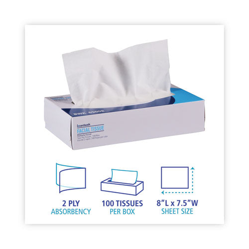 Image of Boardwalk® BWK6500B Office Packs Facial Tissue, Flat Box, 2-Ply, White, 100 Sheets/Box, 30 Boxes/Carton