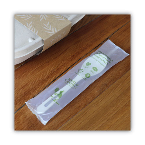 Image of World Centric® SP-PS-I TPLA Wrapped Cutlery, Spoon, Plastic, Light Beige, 750/Carton