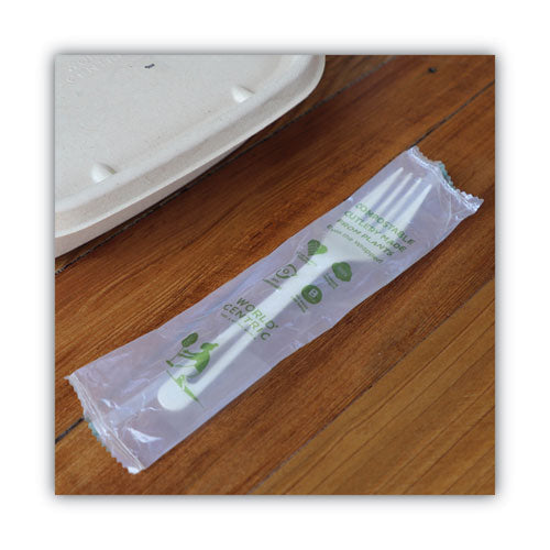 Image of World Centric® FO-PS-I TPLA Wrapped Cutlery, Fork, Plastic, Light Beige 750/Carton