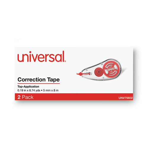 Image of Universal® UNV75602 Correction Tape Dispenser, Non-Refillable, 0.2" x 26.25 ft, White Tape, Clear/Red Dispenser, 2/Pack