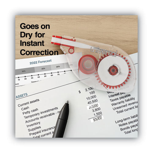Image of UniversalÂ® Side-Application Correction Tape, Non-Refillable, Transparent Gray/Red Applicator, 0.2" x 393", 10/Pack