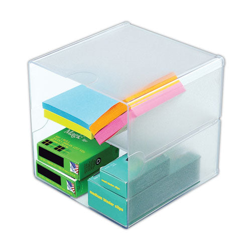Image of deflecto® 350701 Stackable Cube Organizer, Divided, 2 Compartments, Plastic, 6 x 6 x 6, Clear