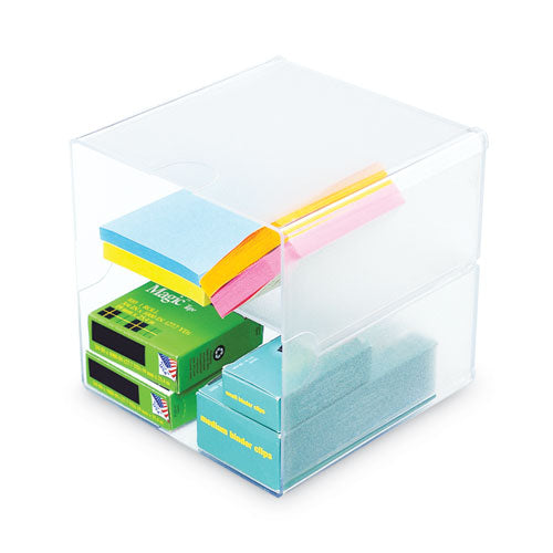 Image of deflecto® 350701 Stackable Cube Organizer, Divided, 2 Compartments, Plastic, 6 x 6 x 6, Clear