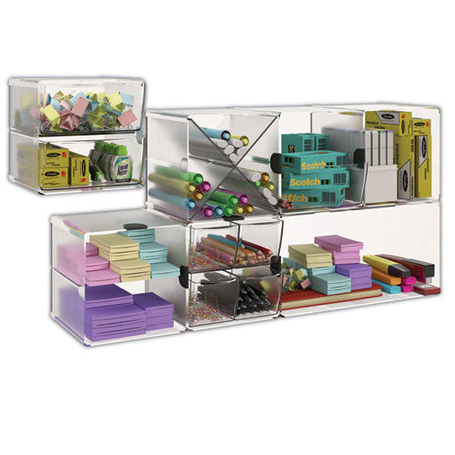 Image of deflecto® 350701 Stackable Cube Organizer, Divided, 2 Compartments, Plastic, 6 x 6 x 6, Clear