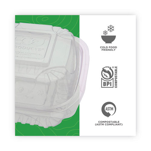 Image of Eco-Products® EP-LC6 Renewable and Compostable Clear Clamshell Hinged Food Containers, 6 x 6 x 3, Plastic, 80/Pack, 3 Packs/Carton