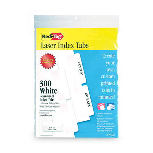 Image of Redi-Tag® B39170 Laser Printable Index Tabs, 1/5-Cut, White, 2" Wide, 300/Pack