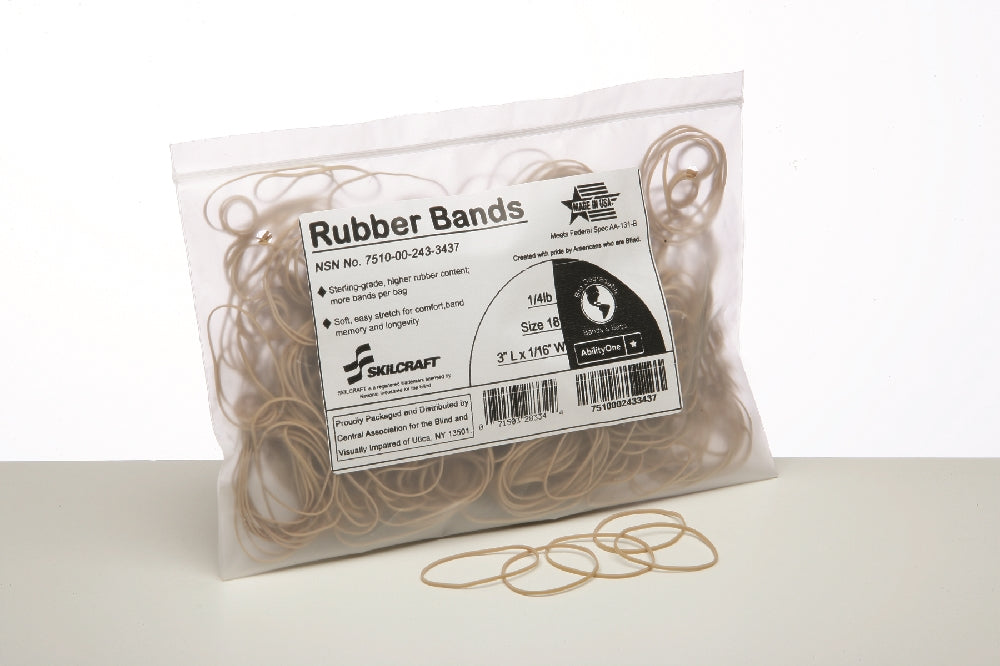 Image of SKILCRAFT® Rubber Bands, Size 18, 3" x 1/16", 1/4 Pound, Case of 100 Bags