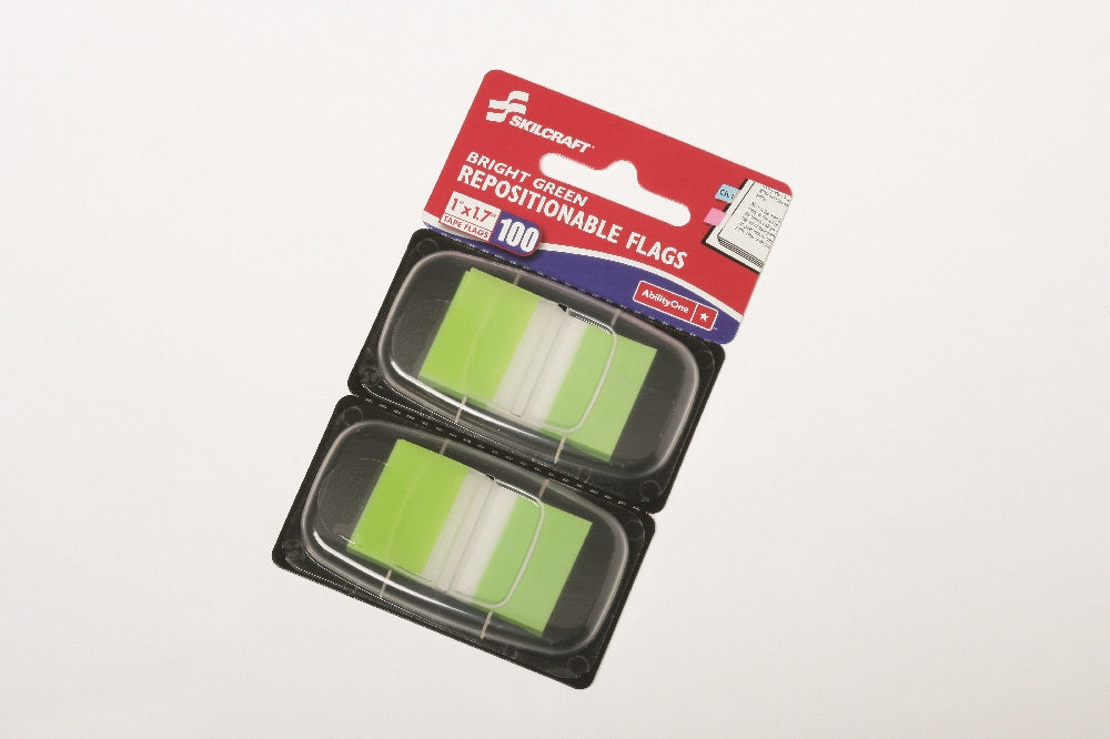Image of SKILCRAFT® Self-Stick Repositionable Flags, 1" x 1.75", Bright Green, 100/Package, Case of 24 Packages