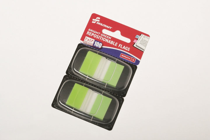 Image of SKILCRAFT® Self-Stick Repositionable Flags, 1" x 1.75", Bright Green, 100/Package, Case of 24 Packages