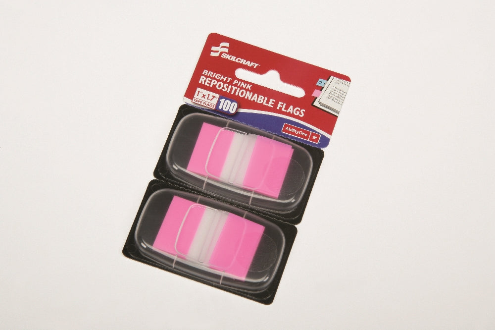 Image of SKILCRAFT® Self-Stick Repositionable Flags, 1" x 1.75", Bright Pink, 100/Package, Case of 24 Packages