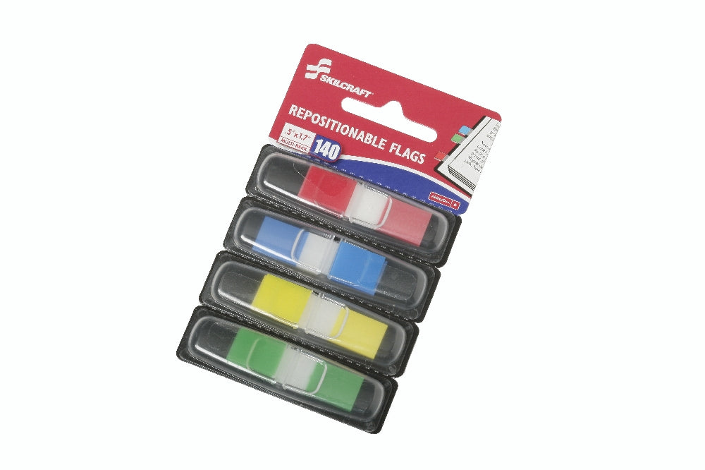 Image of SKILCRAFT® Self-Stick Repositionable Flags, 1" x 1.75", Assorted Colors, 140/Package, Case of 24 Packages