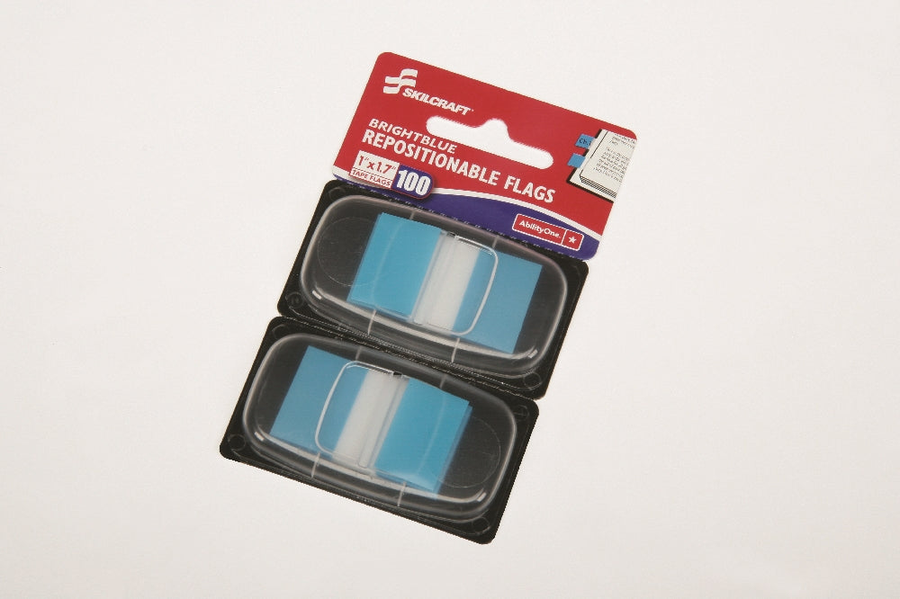 Image of SKILCRAFT® Self-Stick Repositionable Flags, 1" x 1.75", Bright Blue, 100/Package, Case of 24 Packages