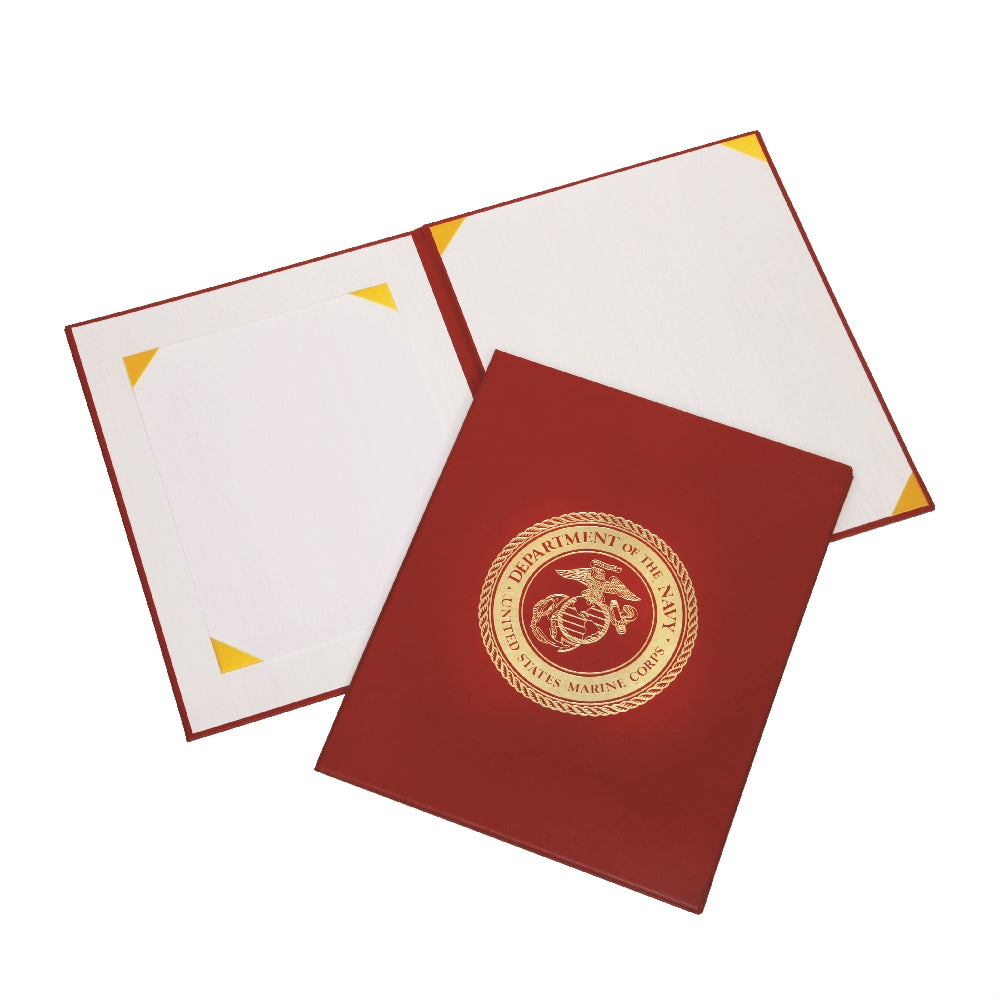 Image of Awards Certificate Binder, Satin Finish, Gold USMC Seal, 11.5" x 14.5", Red, Case of 25
