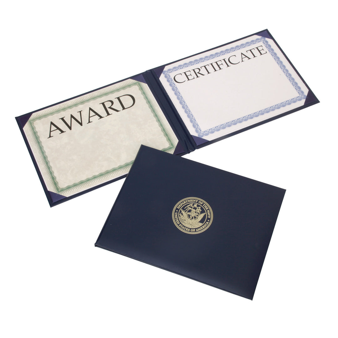 Image of Awards Certificate Binder - Padded Cover - Gold Navy Seal - Landscape - 11.625" x 9.125" - Blue