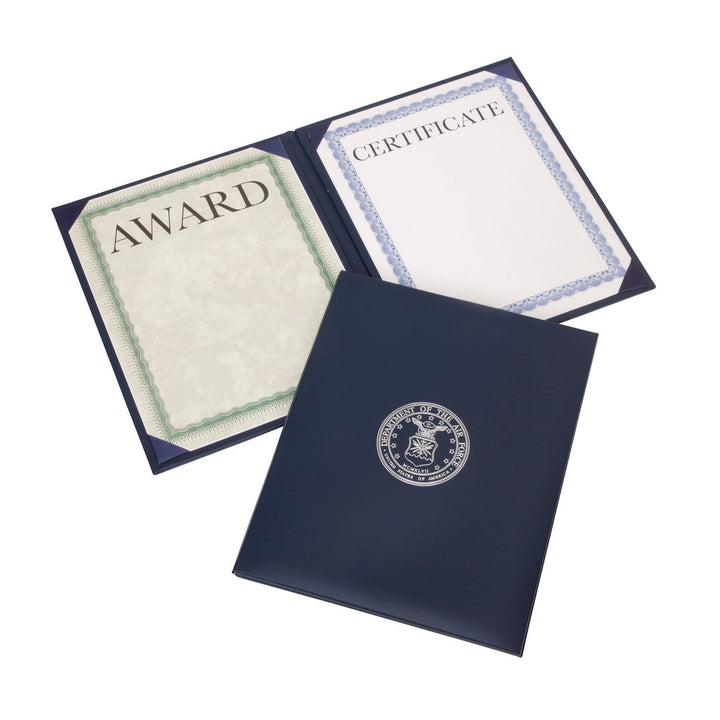 Image of Awards Certificate Binder - Padded Cover - Silver USAF Seal - Portrait - 9.125" x 11.625" - Blue, Case of 25