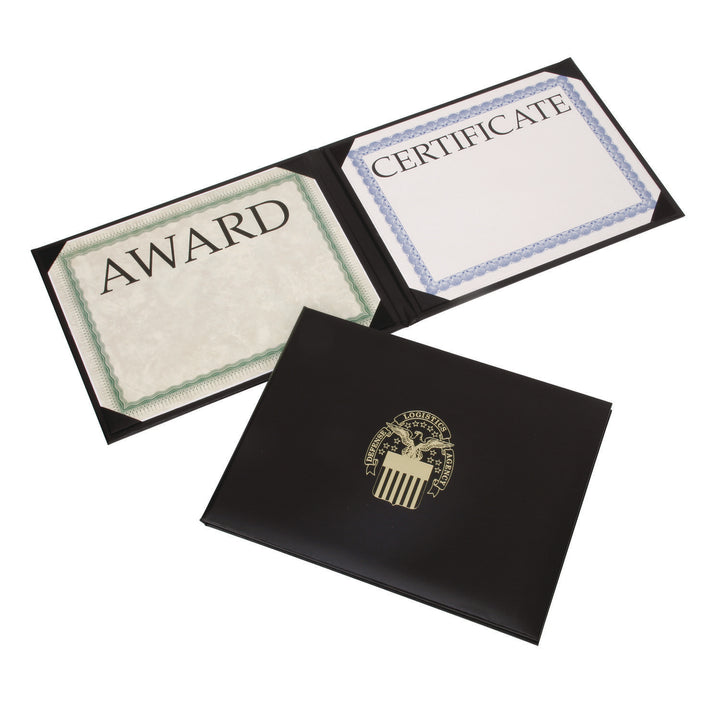 Image of Awards Certificate Binder - Padded Cover - Gold DLA Seal - Landscape - 11.625" x 9.125" - Black, Case of 25
