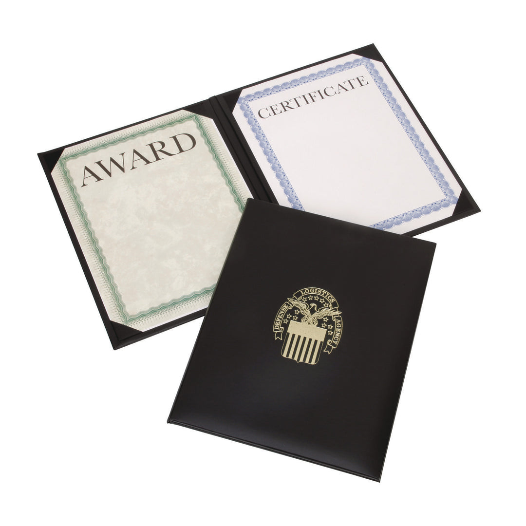 Image of Awards Certificate Binder - Padded Cover - Gold DLA Seal - Portrait - 9.125" x 11.625" - Black, Case of 25