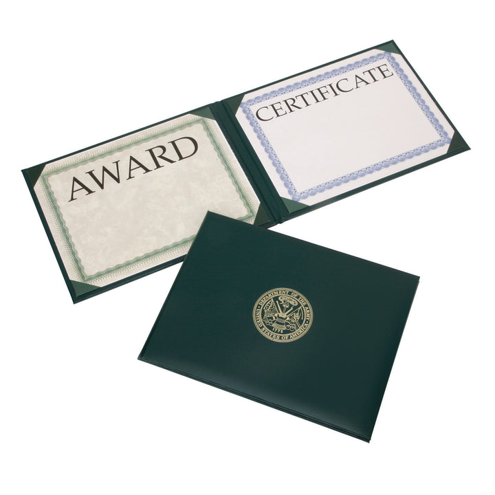 Image of Awards Certificate Binder - Padded Cover - Gold Army Seal - Landscape - 11.625" x 9.125" - Green, Case of 25