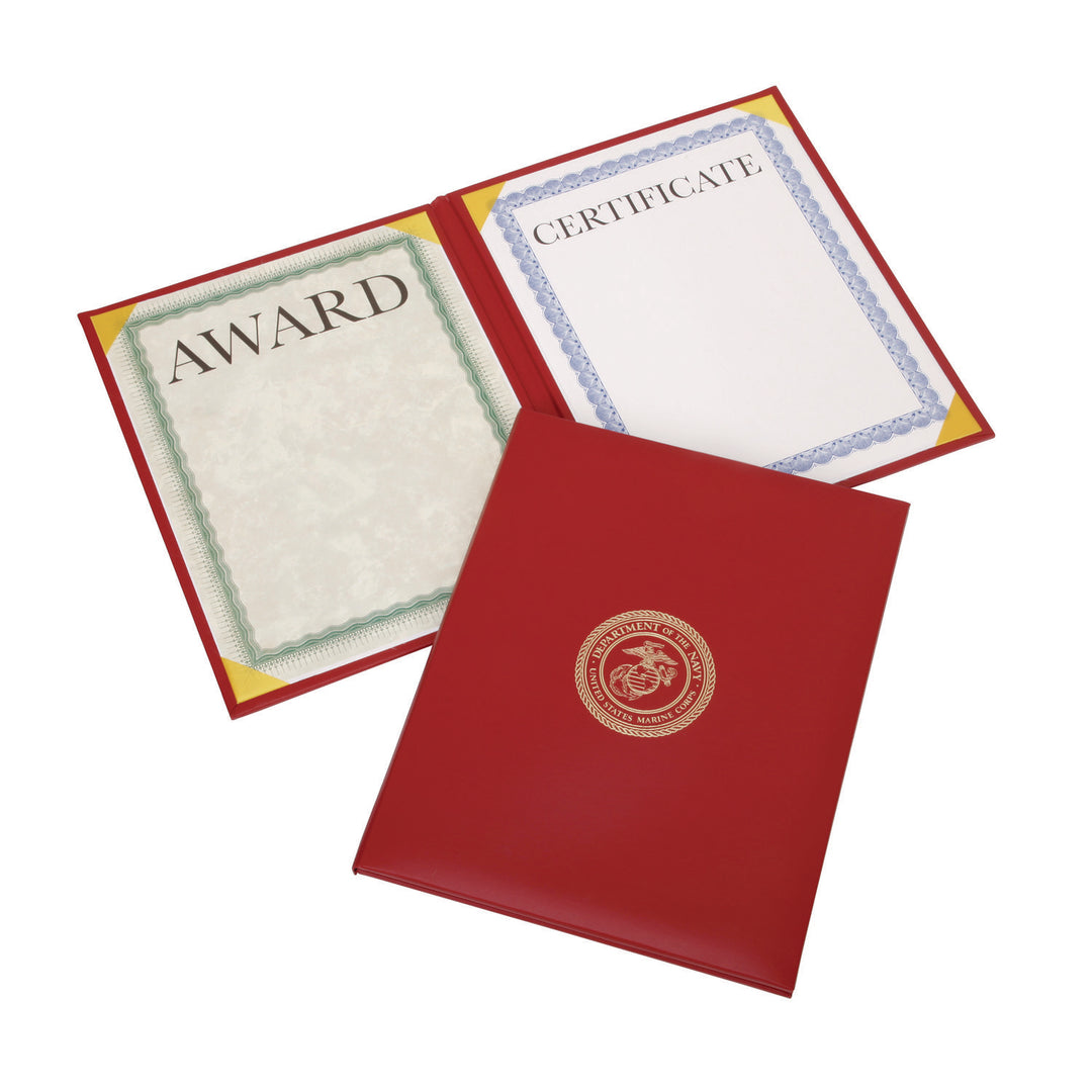 Image of Awards Certificate Binder - Padded Cover - Gold USMC Seal - Portrait - 9.125"x 11.625" - Red, Case of 25