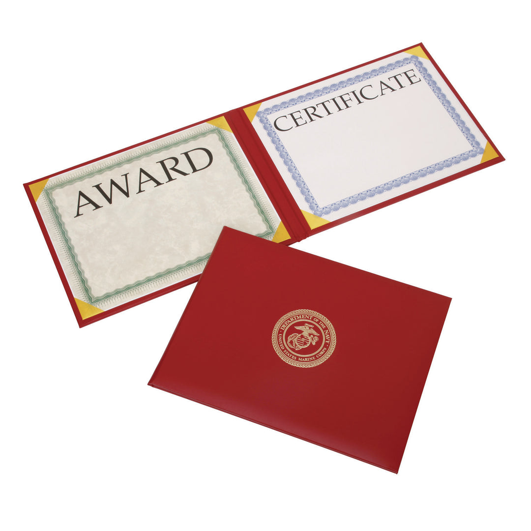 Image of Awards Certificate Binder - Padded Cover - Gold USMC Seal - Landscape - 11.625"x 9.125" - Red