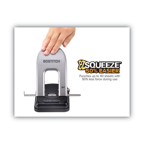 Image of BostitchÂ® 40-Sheet Ez Squeeze Two-Hole Punch, 9/32" Holes, Black/silver