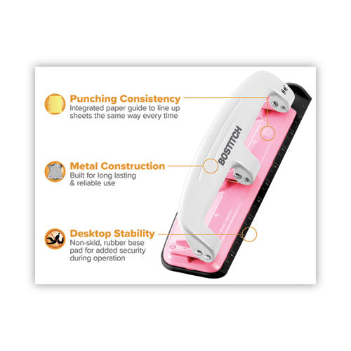 Image of BostitchÂ® 12-Sheet EZ Squeeze InCourage Three-Hole Punch, Breast Cancer Awareness, 9/32" Holes, Pink