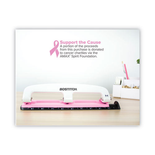 Image of BostitchÂ® 12-Sheet EZ Squeeze InCourage Three-Hole Punch, Breast Cancer Awareness, 9/32" Holes, Pink