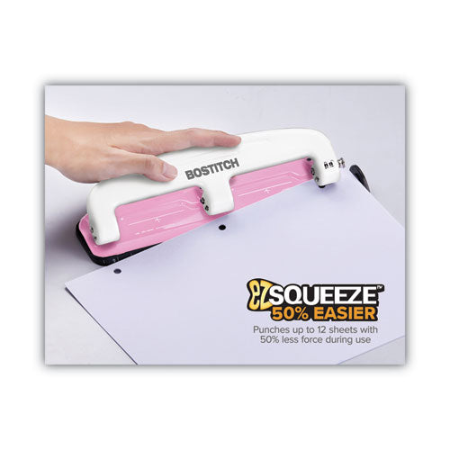 Image of BostitchÂ® 12-Sheet EZ Squeeze InCourage Three-Hole Punch, Breast Cancer Awareness, 9/32" Holes, Pink