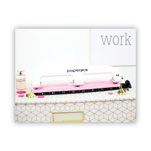 Image of BostitchÂ® 12-Sheet EZ Squeeze InCourage Three-Hole Punch, Breast Cancer Awareness, 9/32" Holes, Pink