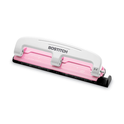 Image of BostitchÂ® 12-Sheet EZ Squeeze InCourage Three-Hole Punch, Breast Cancer Awareness, 9/32" Holes, Pink