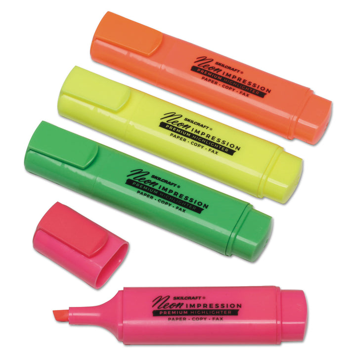 Image of SKILCRAFT® Neon Flat Highlighter, Green/Orange/Pink/Yellow Ink