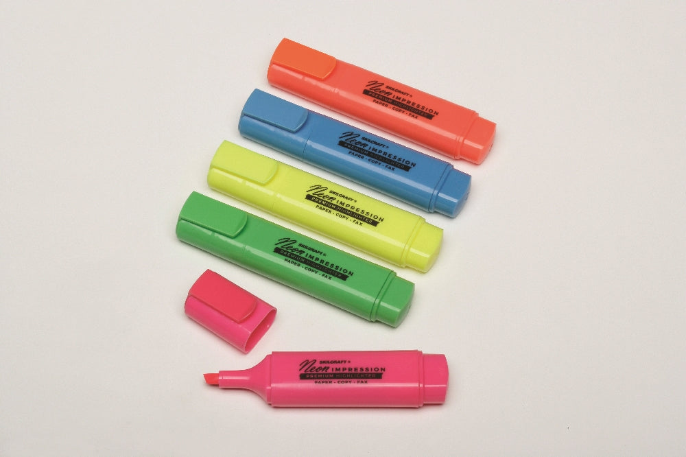 Image of SKILCRAFT® Neon Flat Highlighter, Blue/Green/Orange/Pink/Yellow Ink
