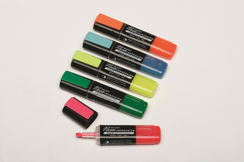 Image of SKILCRAFT® Neon Liquid Highlighter, Blue/Green/Orange/Pink/Yellow Ink