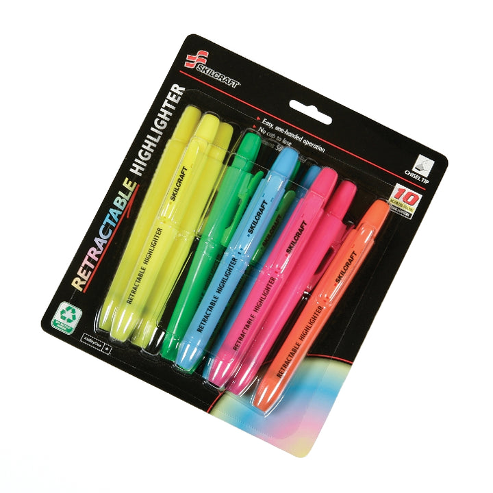 Image of SKILCRAFT® Retractable Chisel Tip Highlighter, 10 Pack Assortment - Blue (2) Green(2) Orange (1) Pink (2) Yellow (3) Ink, Case of 10 Sets