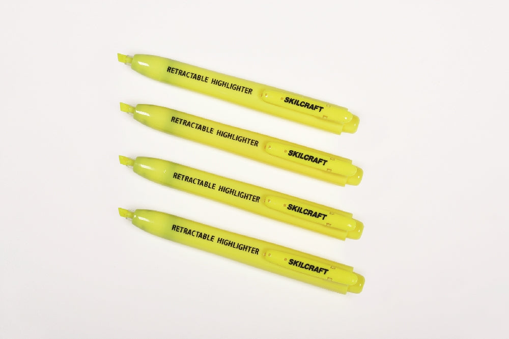 Image of SKILCRAFT® Retractable Chisel Tip Highlighter, Yellow Ink, 4/Package, Case of 12 4-packs