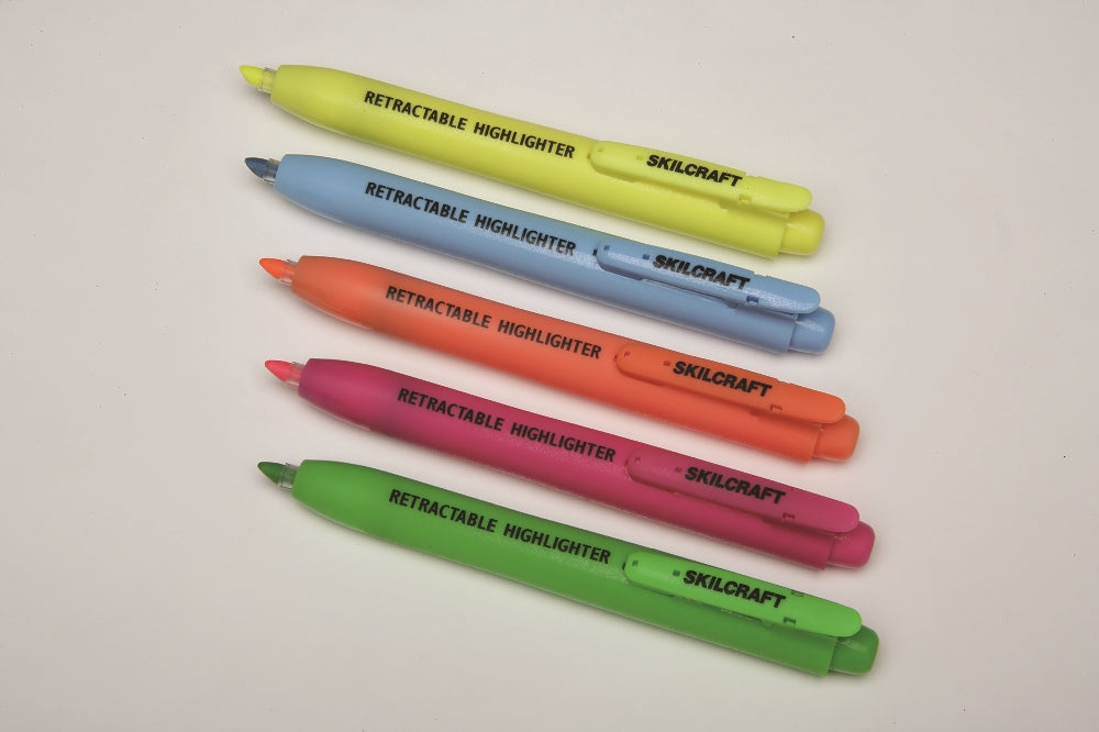 Image of SKILCRAFT® Retractable Chisel Tip Highlighter, 5 Color Set, Blue, Green, Orange, Pink & Yellow Ink