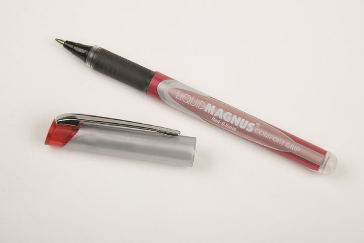 Image of SKILCRAFT® Liquid Magnus® Liquid Magnus Comfort Grip Rollerball Pen, Red Ink, Micro Point Arrowhead 0.5mm, 4/Package, Case of 12 Packages