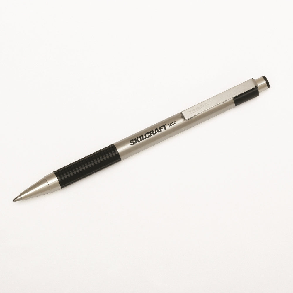 Image of SKILCRAFT® Zebra® Retractable Ballpoint Pen, Stainless Steel Barrel, Black Ink, Medium Point, 2/Package, Case of 12 Packages