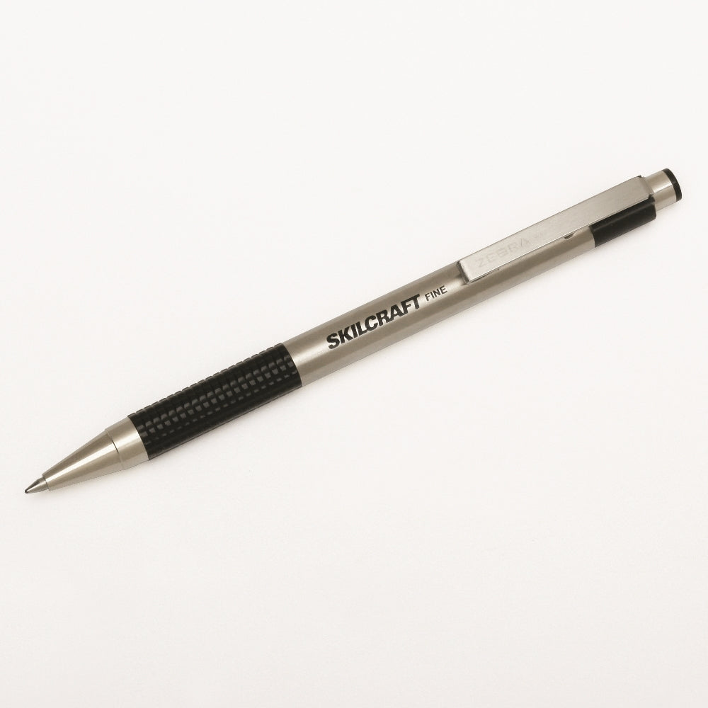 Image of SKILCRAFT® Zebra® Retractable Ballpoint Pen, Stainless Steel Barrel, Black Ink, Fine Point