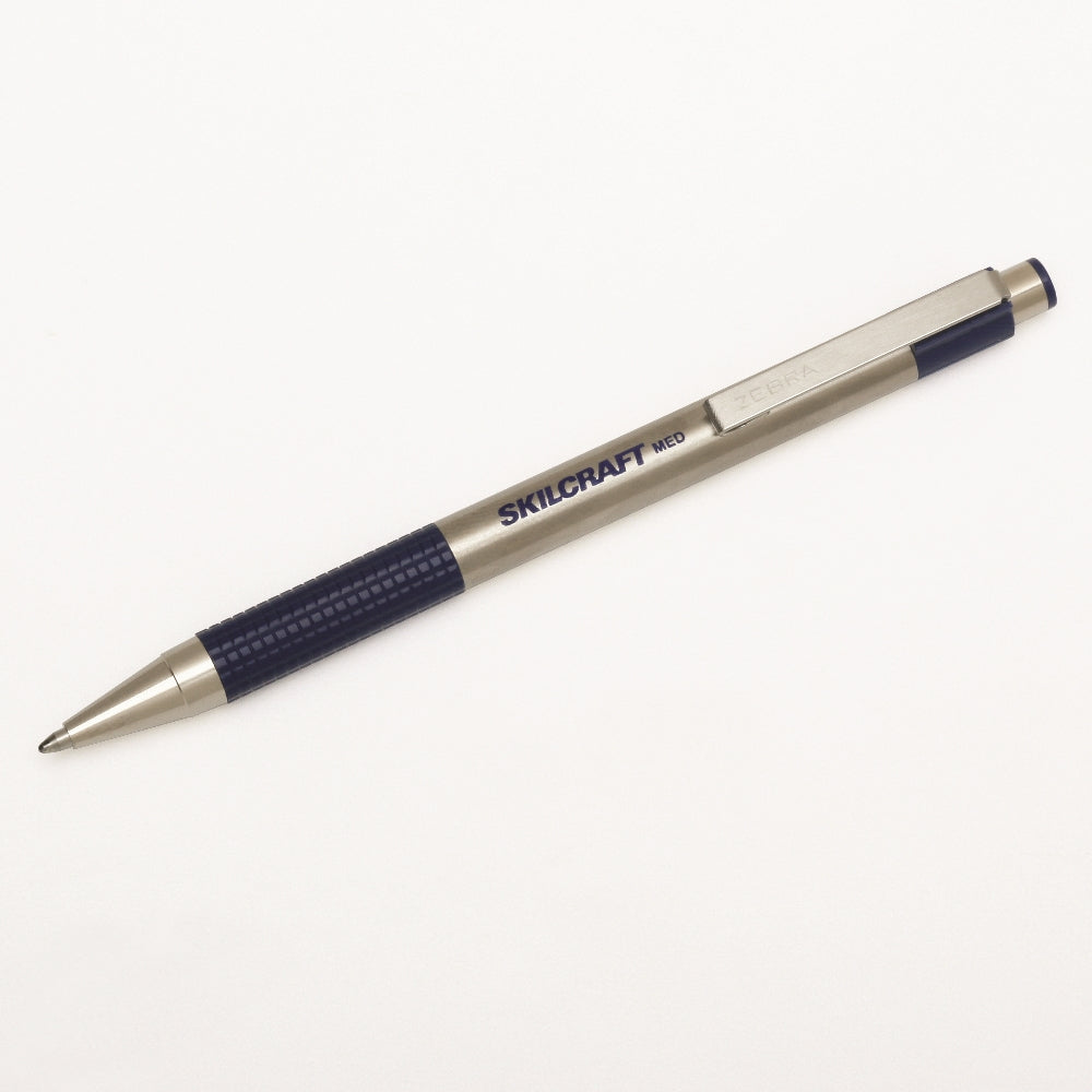 Image of SKILCRAFT® Zebra® Retractable Ballpoint Pen, Stainless Steel Barrel, Blue Ink, Medium Point, 2/Package, Case of 12 Packages