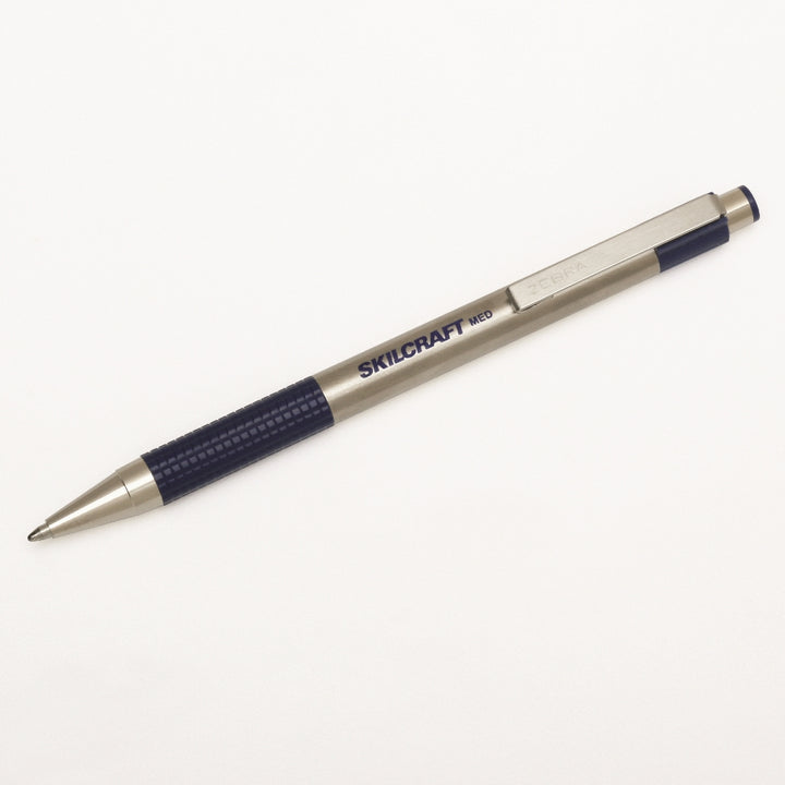 Image of SKILCRAFT® Zebra® Retractable Ballpoint Pen, Stainless Steel Barrel, Blue Ink, Medium Point, 2/Package, Case of 12 Packages