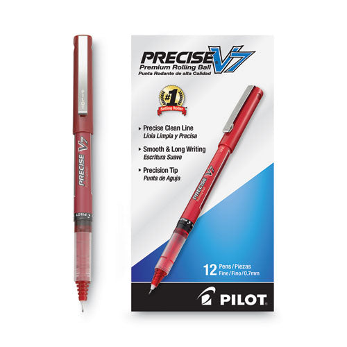 Image of Pilot® 35352 Precise V7 Rollerball Pen, Stick, Fine 0.7 mm, Red Ink, Red/Clear Barrel, Dozen