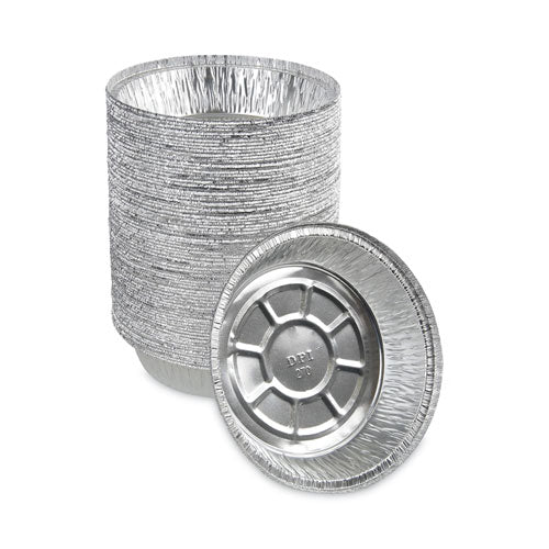 Image of Boardwalk® BWKROUND7 Round Aluminum To-Go Containers, 250 Gauge, 24 oz, 7" Diameter x 1.47" h, Silver, 500/Carton